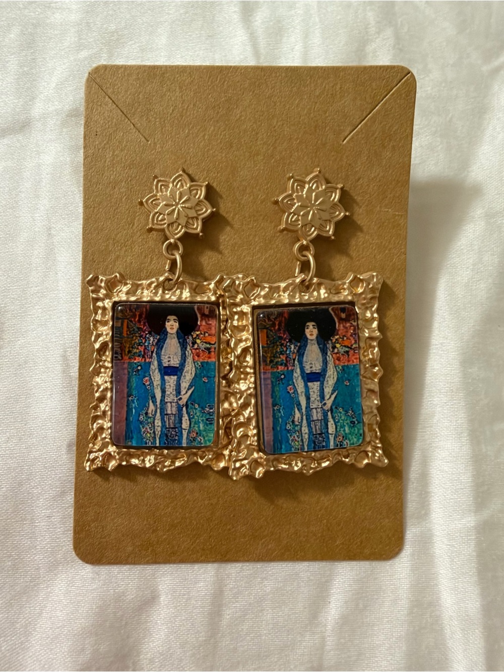 Gold Frame Blue Abstract Art Drop Earrings